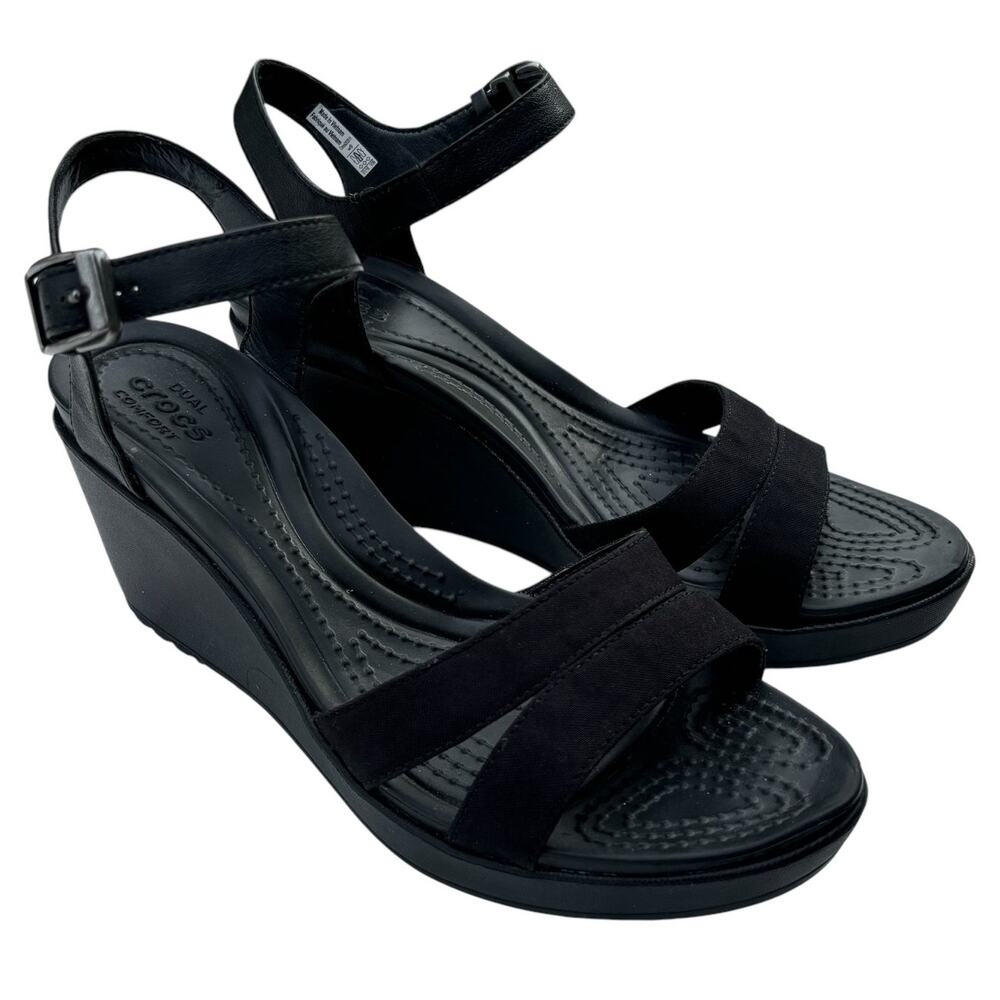 CROCS Black Suede-Look Wedge Sandals with Ankle Buckle